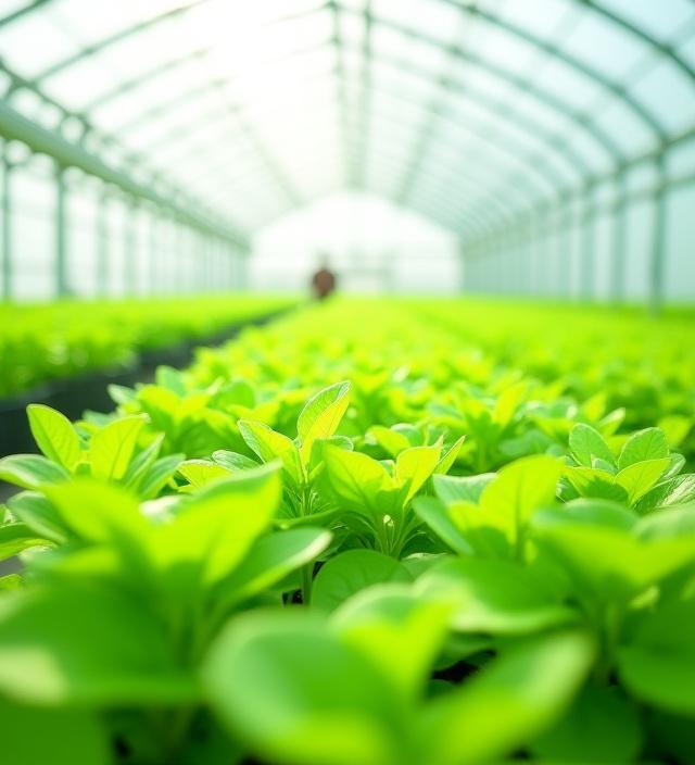 En ljust och energieffektivt växthus med rader av gröna växter.